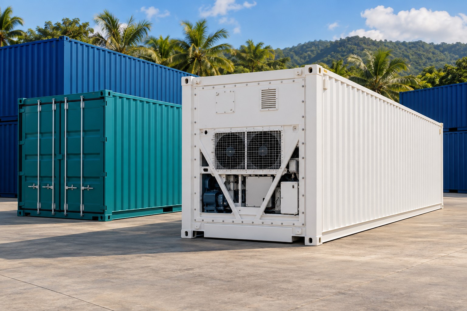 Contenedor refrigerado blanco con equipo de refrigeración y contenedores secos nuevos en un patio tropical, imagen ilustrativa